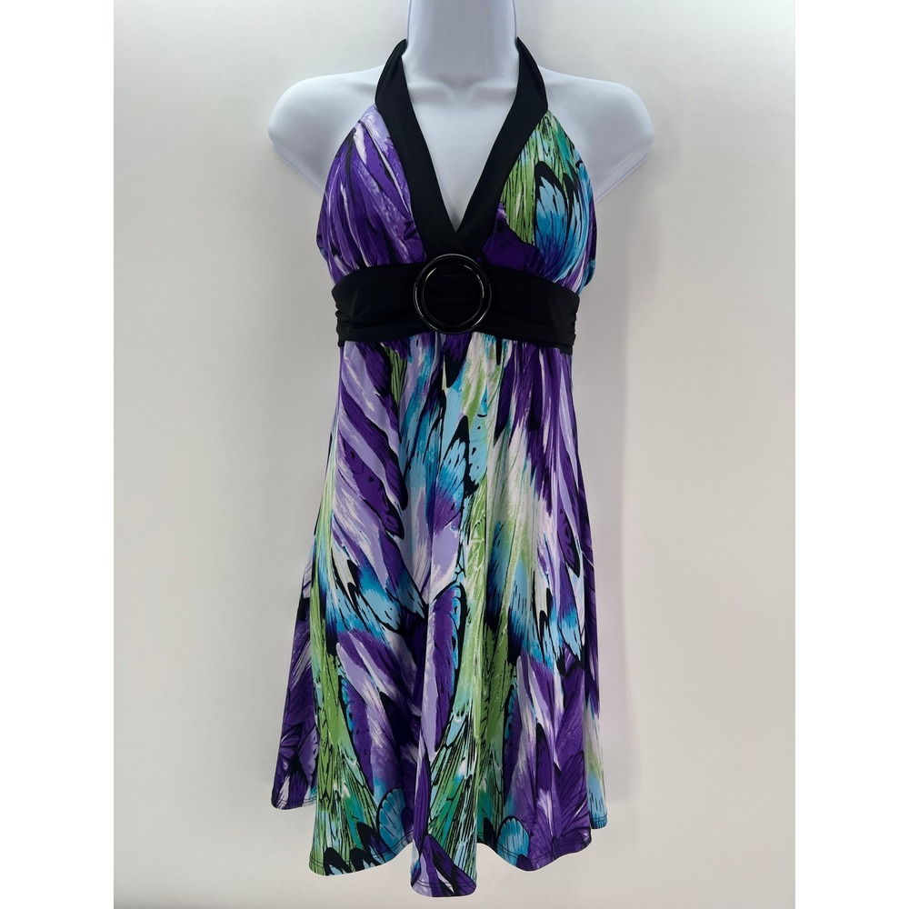 IZ Byer Dress Womens Purple Green Abstract Halter Mini Dress O-Ring Medium NEW